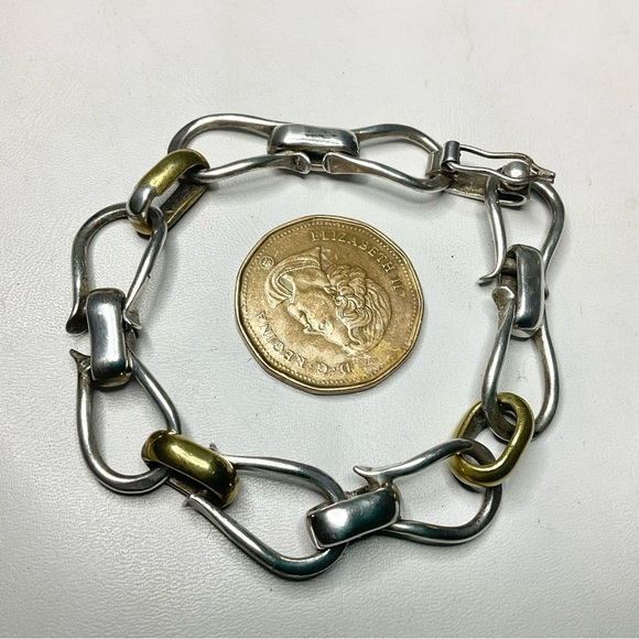 Heavy Sterling Silver Bracelet Stirrup Motif Brass Accent Links - Picture 2 of 4